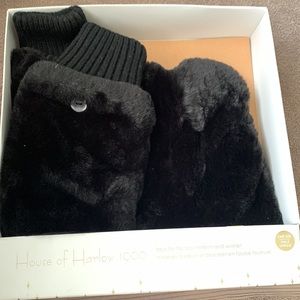 House of Harlow 1960 black faux fur flip top mittens and wristlet in its box